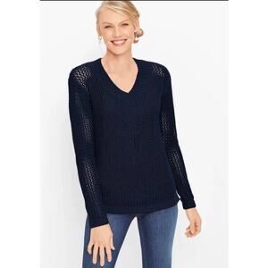 TALBOTS Sz L Navy Blue V Neck Open Knit Sweater Coastal Beach Pullover Cottageco